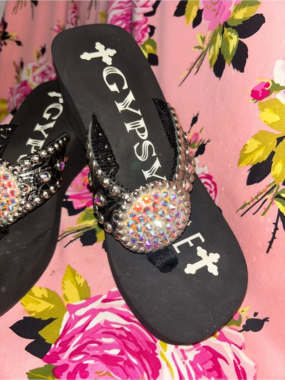 Gypsy soule 3” Black crystal platform sandals flip flops 90’s Y2K vintage shoes
